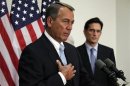U.S. House Speaker Boehner speaks next to Majority Leader Cantor during a news conference on Capitol Hill in Washington