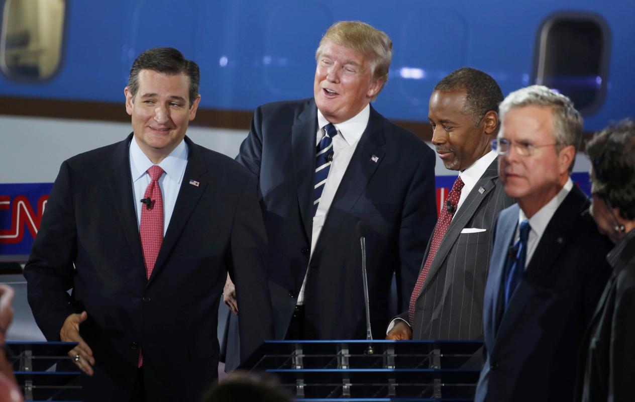 Republican U.S. presidential candidates Cruz, Trump, Carson and Bush take a break in the midst of the second official Republican presidential candidates debate of the 2016 U.S. presidential campaign at the Ronald Reagan Presidential Library in Simi Valley