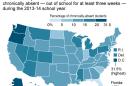 Map shows rates of student absenteeism by state; 2c x 3 inches; 96.3 mm x 76 mm;