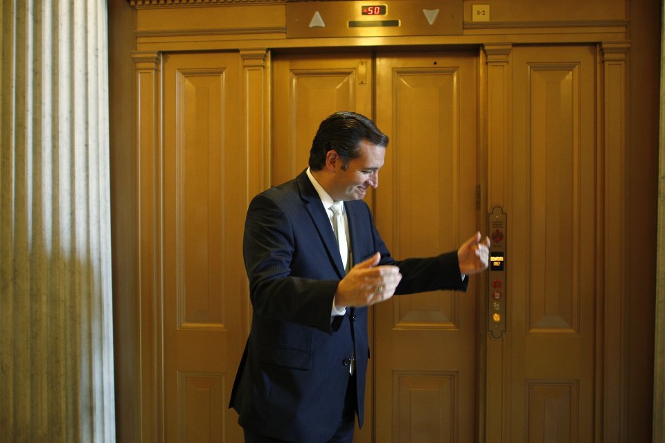 U.S. Senator Cruz reacts to a question after remarks on federal budget spending votes in Washington