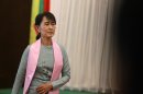 Aung San Suu Kyi, chairman of Rule of Law and Peace and Stability Committee of House, attends a meeting of the committee at Yangon Division Parliament in Yangon