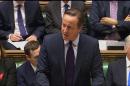 In this image taken from the Parliamentary Recording Unit via AP Britain's Prime Minister, David Cameron addresses lawmakers in the House of Commons, London, making his case for airstrikes as part of a "comprehensive overall strategy" to destroy IS and end the Syrian war, Thursday, Nov. 26, 2015. Cameron is trying to persuade lawmakers to back action, arguing that the Paris attacks have given new urgency to the fight against IS. The Royal Air Force is part of a U.S.-led coalition attacking the militants in Iraq, but not in Syria. ((AP Photo/Parliamentary Recording Unit, via AP video) TV OUT NO ARCHIVE