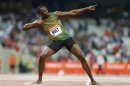 Usain Bolt of Jamaica reacts after winning the men's 100m during the London Diamond League 'Anniversary Games' athletics meeting at the Olympic Stadium, in east London