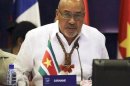 Suriname's President Desi Bouterse speaks during a working session at a Union of South American Nations (UNASUR) leaders summit, in Paramaribo