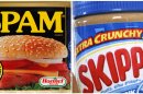 This combination of Associated Press file photos shows a can of Spam in Philadelphia on Aug. 16, 2010, left, and a 16.3 ounce jar of Skippy peanut butter in Somerville, Mass. on Aug. 26, 2008. Hormel Foods, the company primarily known for Spam and other cured, smoked and deli meats said Thursday, Jan. 3, 2013, that it's buying Skippy, the country's No. 2 peanut butter brand, in its biggest-ever acquisition. (AP Photo/File)