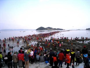 Pelancong memenuhi laut yang terbelah di Pulau Jindo, Korea Selatan.