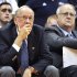 FILE - In this Nov. 14, 2011 file photo, Syracuse basketball coach Jim Boeheim, left, watches the action with assistant coach Bernie Fine,  during a college basketball game against Manhattan in the NIT Season Tip-Off in Syracuse, N.Y. Federal authorities have dropped their investigation into sexual abuse claims that cost a Syracuse University assistant basketball coach his job, threw a top-ranked team into turmoil and threatened the career of Hall of Fame coach Boeheim. After a probe spanning nearly a year, U.S. Attorney Richard Hartunian said Friday, Nov. 9, 2012 there was no evidence to support claims that Bernie Fine had molested a boy in 2002 in a Pittsburgh hotel room.  (AP Photo/Kevin Rivoli, File)