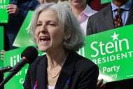 FILE - In this Oct. 24, 2011 file photo, Jill Stein of Lexington, Mass. speaks during a news conference outside the Statehouse in Boston. Stein, a medical doctor who once ran against Mitt Romney for governor of Massachusetts says she has enough delegates to win the Green Party's presidential nomination. The campaign of Jill Stein says she clinched the nomination after the California primary on Tuesday and now has won two-thirds of the delegates allocated. (AP Photo/Elise Amendola)