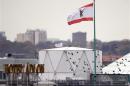 Birds fly beside a white covered structure and a Berlin city flag next to the roof of the British embassy in Berlin