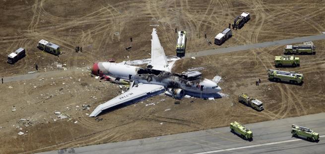 In this Saturday, July 6, 2013 aerial file photo, the wreckage of the Asiana Flight 214 airplane is seen after it crashed at the San Francisco International Airport in San Francisco, Saturday, July 6, 2013. The National Transportation Safety Board says it is now planning to hold its hearing Wednesday, Dec. 11, 2013, into the crash-landing of the Asiana jet that left three Chinese teens dead. (AP Photo/Marcio Jose Sanchez, File)