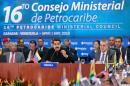 Venezuelan president Nicolas Maduro (C) talks during a ministerial council of Petrocaribe in Caracas on May 27, 2016