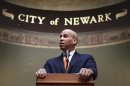 Newark Mayor Corey Booker speaks during a ceremony at City Hall in Newark, N.J., Thursday, Feb. 23, 2012. Booker said he was offended by the NYPD's secret surveillance of his city's Muslims. (AP Photo/Seth Wenig)