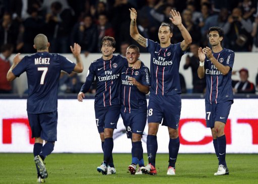 Paris St Germain's Ibrahimovic celebrates with teammates Jeremy Menez, Maxwell, Marco Verratti and Javier Pastore his goal against Toulouse during their French Ligue 1 soccer match at the Parc des Princes stadium in Paris