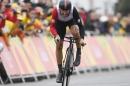 Switzerland's Fabian Cancellara finishes the men's individual time trial event at the Rio Olympic Games on August 10, 2016