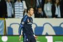 Real Madrids Cristiano Ronaldo celebrates after scoring the opening goal during the UEFA Champions League group A football match between Malmo FF and Real Madrid at Malmo New Stadium in Malmo, Sweden, Wednesday Sept. 30, 2015. (Anders Wiklund / TT via AP) SWEDEN OUT