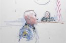 Army Staff Sergeant Robert Bales and Judge Col. Jeffery R. Nance is seen in a courtroom sketch as he is arraigned on 16 counts of premeditated murder, six counts of attempted murder and seven of assault at Joint Base Lewis-McChord, Washingto