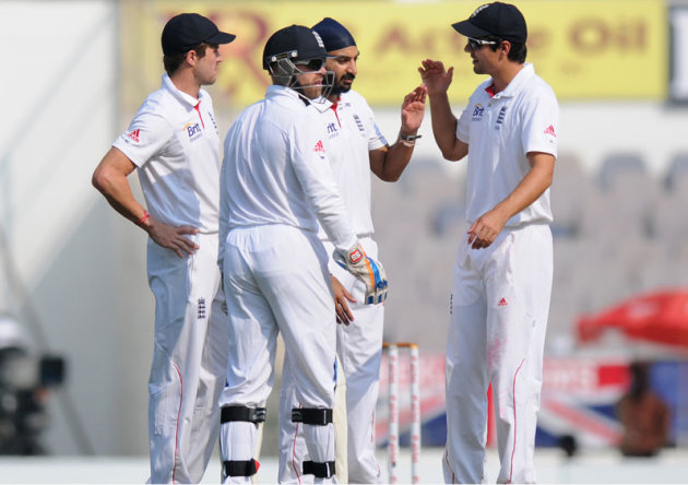 Monty Panesar celebrates after taking the wicket of Pragyan Ojha on Day 4 of the fourth cricket Test between India and England at the Jamtha   Stadium in Nagpur, Sunday, December 16, 2012. (c) BCCI