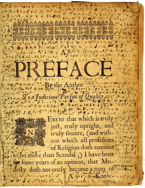 This image provided by Brown University shows the preface page of the "Mystery Book" from the John Carter Brown Library in Providence, R.I. Lucas Mason-Brown, a senior mathematics major at Brown University, helped crack a mysterious shorthand code developed and used by religious dissident Roger Williams in the 17th century. The handwritten code surrounds the printed text on the preface page. (AP Photo/John Carter Brown Library at Brown University)