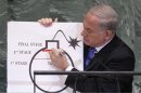 Israeli PM Netanyahu draws a red line on a graphic of a bomb as he addresses the 67th United Nations General Assembly in New York