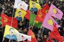 Kurds take part in a demonstration calling for the release of Kurdistan Workers Party leader Ocalan, in Strasbourg
