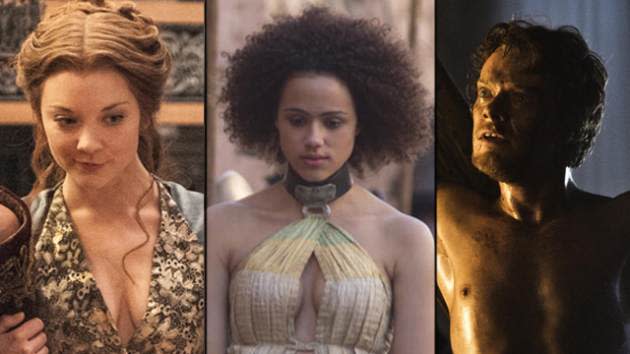 Natalie Dormer as Margaery Tyrell, Nathalie Emmanuel as Missandei and Alfie Allen as Theon Greyjoy in &#39;Game of Thrones&#39; -- HBO