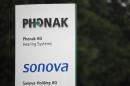 Logo of Phonak hearing devices and Swiss hearing aid maker Sonova are pictured at the company's headquarters in Staefa