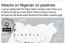Map locates areas where Nigerian oil pipelines were attacked; 2c x 3 inches; 96.3 mm x 76 mm;