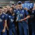 Members of England's cricket team celebrate winning the match and series against New Zealand after their Twenty20 international cricket match at Westpac Stadium in Wellington
