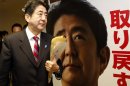Abe, Japan's incoming prime minister and the leader of LDP, walks past his portrait after attending a meeting at the LDP headquarters in Tokyo