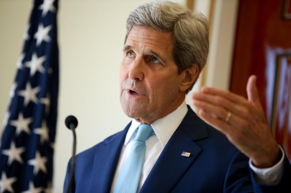 FILE - In this May 6, 2015 file photo, U.S. Secretary of State John Kerry speaks during a joint press conference with Foreign Minister Mahamoud Ali...