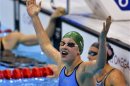 Lithuania's Ruta Meilutyte celebrates after winning the women's 100m breaststroke final at the London 2012 Olympic Games