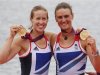 Britain's Helen Glover and Heather Stanning stand with their gold medals after the women's pair Final A at Eton Dorney during the London 2012 Olympic Games