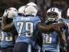 Tennessee Titans' Griffin celebrates intercepting a pass intended for New York Jets' Cumberland during their NFL football game in Nashville