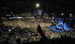 File photo of delegates celebrating as U.S. President Obama addresses final session of Democratic National Convention in Charlotte