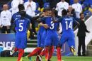 France's forward Dimitri Payet (C) is congratuled by teammates after scoring a goal during the friendly football match between France and Cameroon, at the Beaujoire Stadium in Nantes, western France, on May 30, 2016