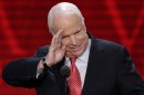 Sen. John McCain, R-Ariz., salutes before addressing the Republican National Convention in Tampa, Fla., on Wednesday, Aug. 29, 2012. (AP Photo/J. Scott Applewhite)
