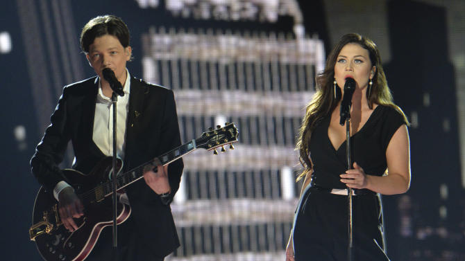 Estonia's Elina Born & Stig Rasta perform the song 'Goodbye To Yesterday' during the first semifinal of the Eurovision Song Contest in Austria's capital Vienna, Tuesday, May 19, 2015. (AP Photo/Kerstin Joensson)