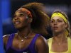 Serena Williams of the U.S. and Maria Kirilenko of Russia shake hands with the chair umpire after their women's singles match at the Australian Open tennis tournament in Melbourne