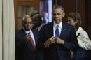 U.S. President Obama arrives at a joint news conference with South Africa's President Zuma at the Union Buildings in Pretoria