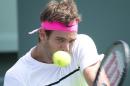 Juan Martin del Potro, of Argentina, hits a return against Vasek Pospisil, of Canada, during their match at the Miami Open tennis tournament in Key Biscayne, Fla., Thursday, March 26, 2015. (AP Photo/J Pat Carter)