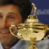 European Ryder Cup captain Jose Maria Olazabal smiles during a news conference in a hotel near Heathrow Airport, in west London