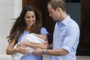 FILE - Britain's Prince William, right, and Kate, Duchess of Cambridge hold the Prince of Cambridge, in this Tuesday July 23, 2013, file photo as they pose for the media outside St. Mary's Hospital's exclusive Lindo Wing in London where the Duchess gave birth on Monday July 22. Kensington Palace announced Friday Sept 27 2013 that their son Prince George will be christened on Oct. 23 by the Archbishop of Canterbury, Justin Welby at Chapel Royal at St. James's Palace. (AP Photo/Kirsty Wigglesworth, file)