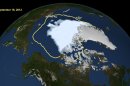 This image made available by NASA shows the amount of summer sea ice in the Arctic on Sunday, Sept. 16, 2012, at center in white, and the 1979 to 2000 average extent for the day shown, with the yellow line. Scientists say sea ice in the Arctic shrank to an all-time low of 1.32 million square miles on Sunday, Sept. 16, 2012, smashing old records for the critical climate indicator. That's 18 percent smaller than the previous record set in 2007. Records go back to 1979 based on satellite tracking. (AP Photo/U.S. National Snow and Ice Data Center)