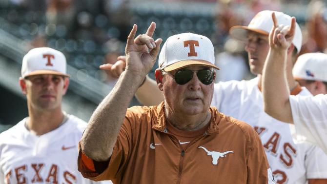 FILE - In this Saturday, May 21, 2016, file photo, Texas coach Augie Garrido sings &quot;The Eyes of Texas&quot; with the team after Texas defeated Baylor 7-6 in an NCAA college baseball game in Austin, Texas. Garrido, the winningest coach in college baseball history, is out after 20 seasons at Texas. The decision Monday, May 30, 2016, comes after the Longhorns&#39; first losing season since 1998. . (Rodolfo Gonzalez/Austin American-Statesman via AP, File)