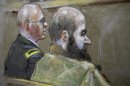 File - In this Aug. 21, 2013 file courtroom sketch, U.S. Army Maj. Nidal Malik Hasan, right, and his defense attorney, Lt. Col. Kris Poppe, are shown during Hasan's court-martial trial in Fort Hood, Texas. Hasan has been convicted of murder for the 2009 shooting rampage at Fort Hood that killed 13 people and wounded more than 30 others. (AP Photo/Brigitte Woosley, File)