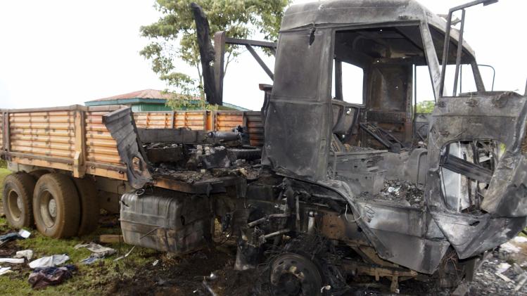 Burnt truck used by M23 rebel fighters is pictured after the rebels surrendered to the Congolese army in Chanzo village in the Rutshuru territory near the eastern town of Goma