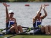 Britain's Anna Watkins and Katherine Grainger react after the women's double sculls heat at Eton Dorney during the London 2012 Olympic Games