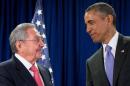 FILE - In this Sept. 29, 2015 file photo, President Barack Obama stands with Cuba's President Raul Castro before a bilateral meeting at the United Nations headquarters. President Barack Obama will use his historic trip to Cuba to chip away at key remaining U.S. obstacles to travel and commerce with the communist island, working to push his rapprochement past the point of no return before he leaves office. (AP Photo/Andrew Harnik, File)