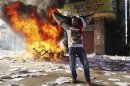 A protester cheers as items ransacked from an office of the Muslim Brotherhood's Freedom and Justice Party burn in Alexandria
