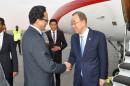 UN chief Ban Ki-moon (R) is greeted by Mauritania's Foreign Minister Isselkou Ould Ahmed Izid Bih upon his arrival at the airport of Nouakchott on March 3, 2016, for his two-day visit to the country